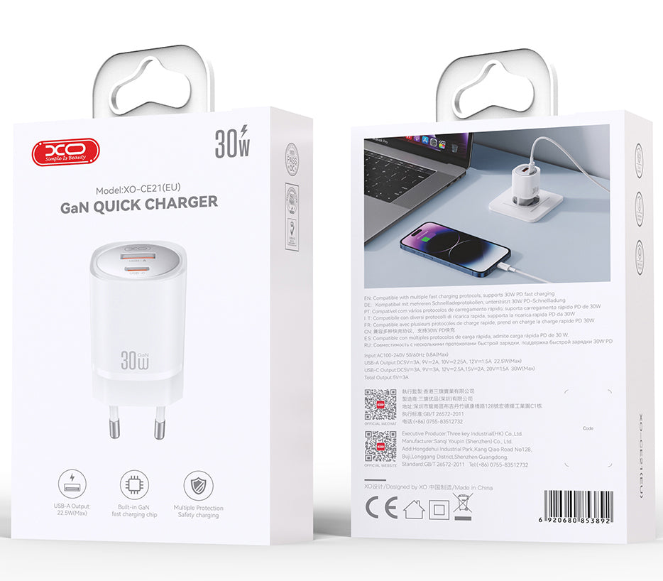 Caricabatterie Rete XO Design CE21, 30W, 3A, 1 x USB-A - 1 x USB-C, Bianco