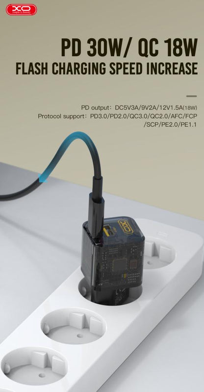 Caricabatterie Rete XO Design CE05, 30W, 3A, 1 x USB-A - 1 x USB-C, Marrone