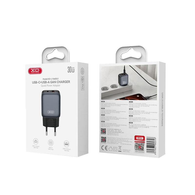 Caricabatterie Rete XO Design L156, 30W, 3A, 1 x USB-A - 1 x USB-C, Nero