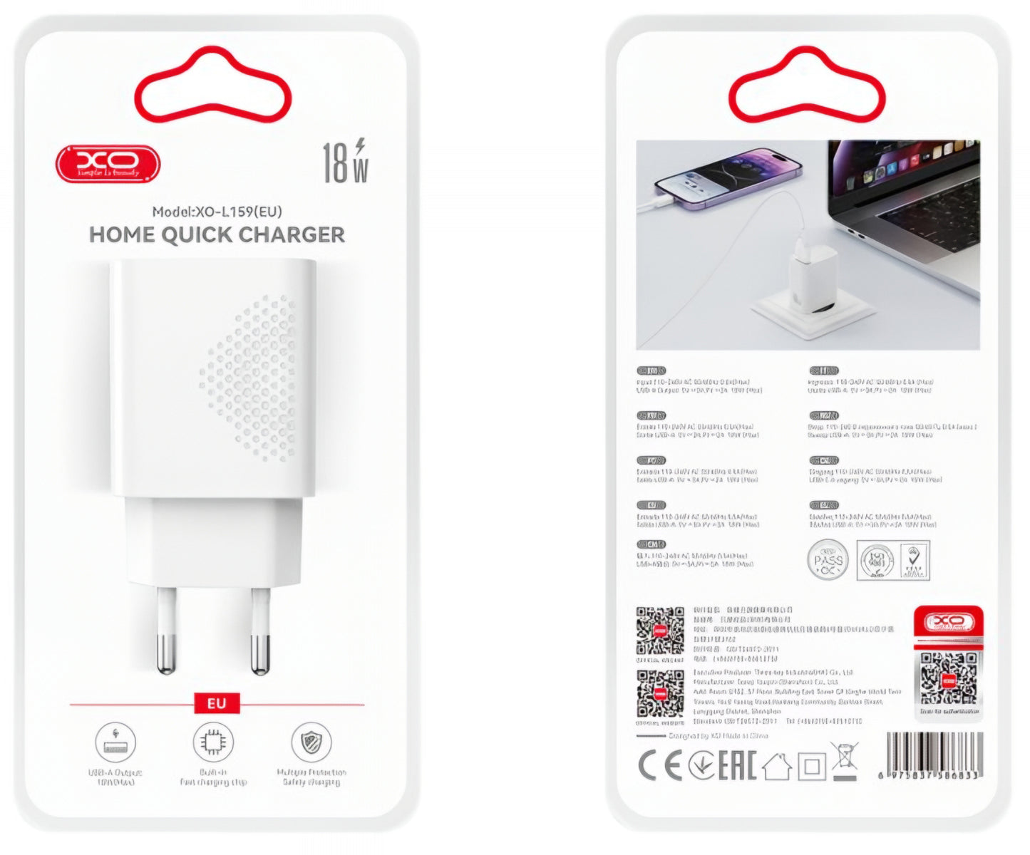 Caricabatterie Retea XO Design L159, 18W, 3A, 1 x USB-A, Bianco