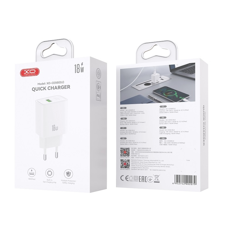 Chargeur secteur XO Design CE50, 18 W, 3 A, 1 x USB-A, blanc