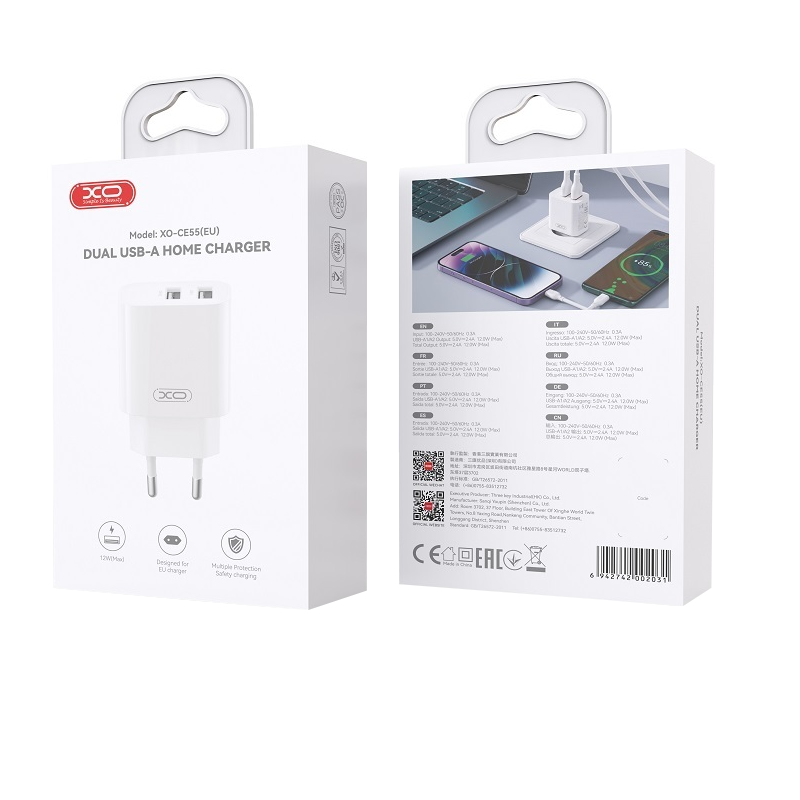 Chargeur secteur XO Design CE55, 12 W, 2,4 A, 2 x USB-A, blanc