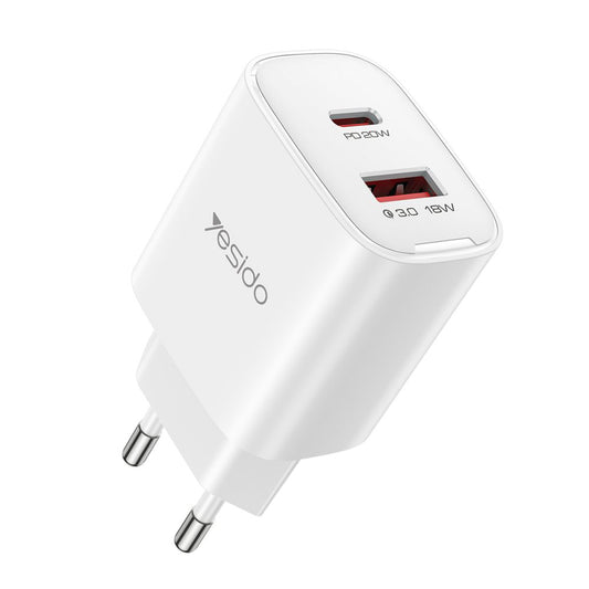 Chargeur réseau Yesido YC02E, 20W, 3A, 1 x USB-A - 1 x USB-C, Blanc