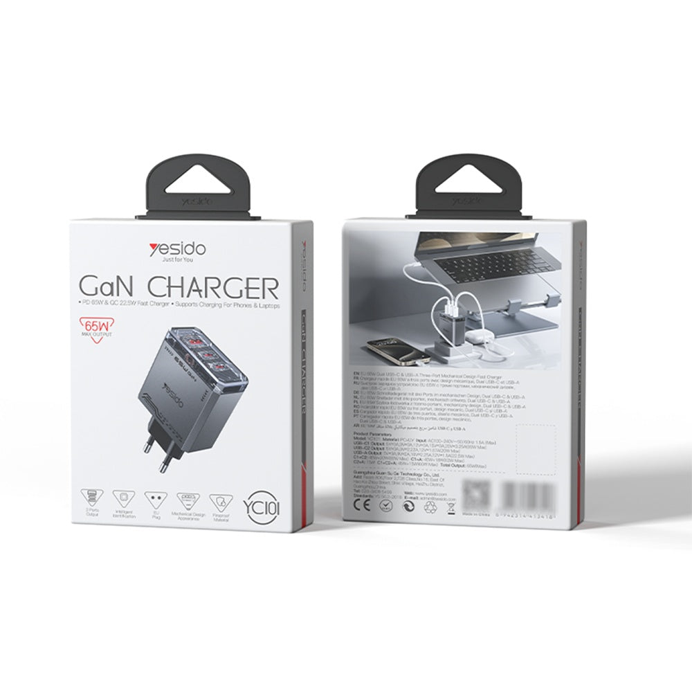 Netzladegerät Yesido YC101, 65W, 3.25A, 1 x USB-A - 2 x USB-C, Schwarz
