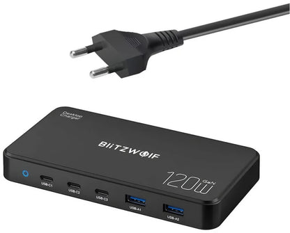 Chargeur Station BlitzWolf BW-i100, 120W, 5A, 2 x USB-A - 3 x USB-C, Noir