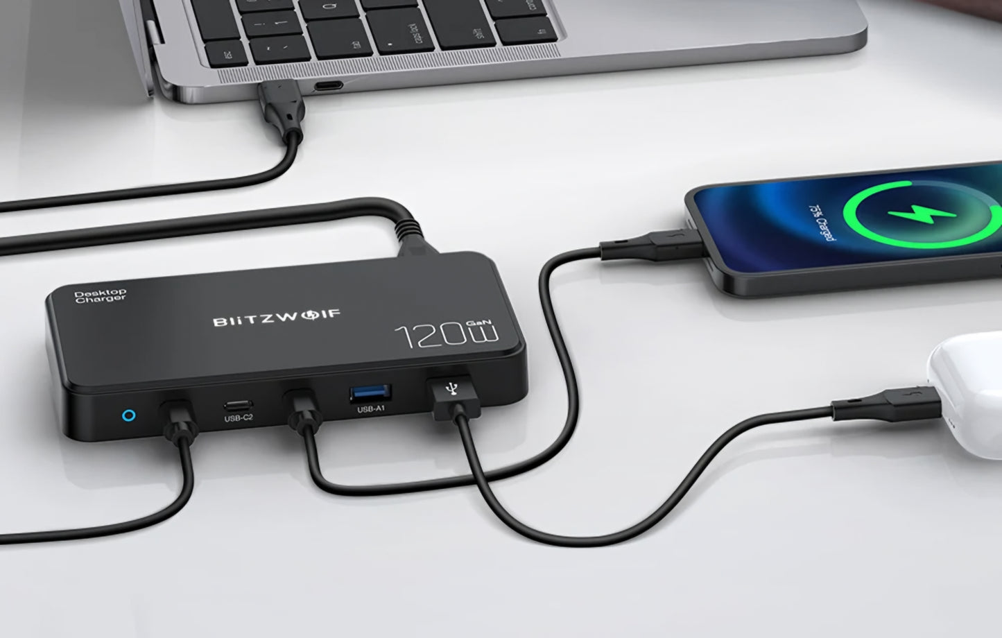 Chargeur Station BlitzWolf BW-i100, 120W, 5A, 2 x USB-A - 3 x USB-C, Noir