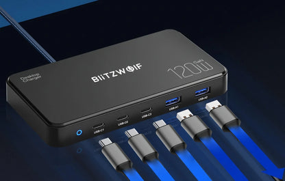 Chargeur Station BlitzWolf BW-i100, 120W, 5A, 2 x USB-A - 3 x USB-C, Noir