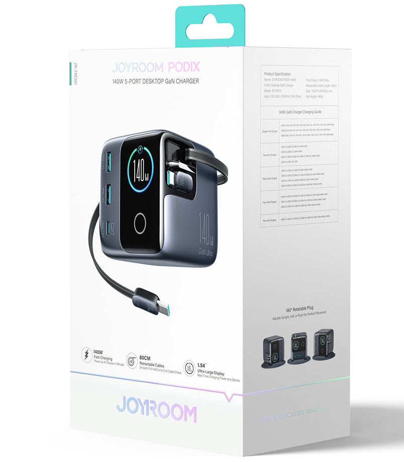 Caricabatterie Stazione Con Cavo USB-C Joyroom Podix JR-TRD01, 140W, 1 x USB-C - 2 x USB-A, Grigio