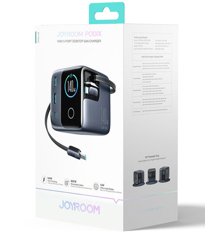 Caricabatterie Stazione Con Cavo USB-C Joyroom Podix JR-TRD01, 140W, 1 x USB-C - 2 x USB-A, Grigio
