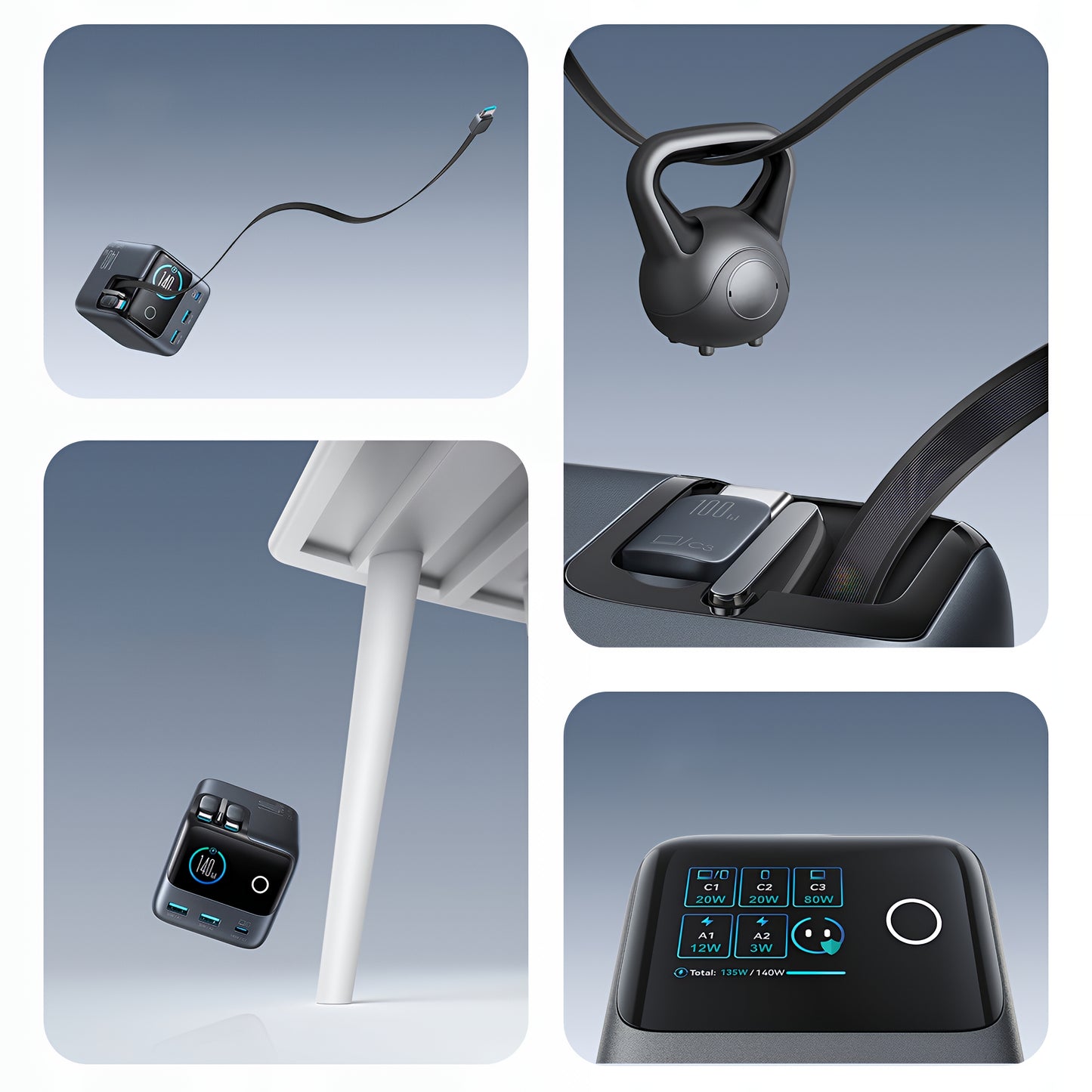 Caricabatterie Stazione Con Cavo USB-C Joyroom Podix JR-TRD01, 140W, 1 x USB-C - 2 x USB-A, Grigio