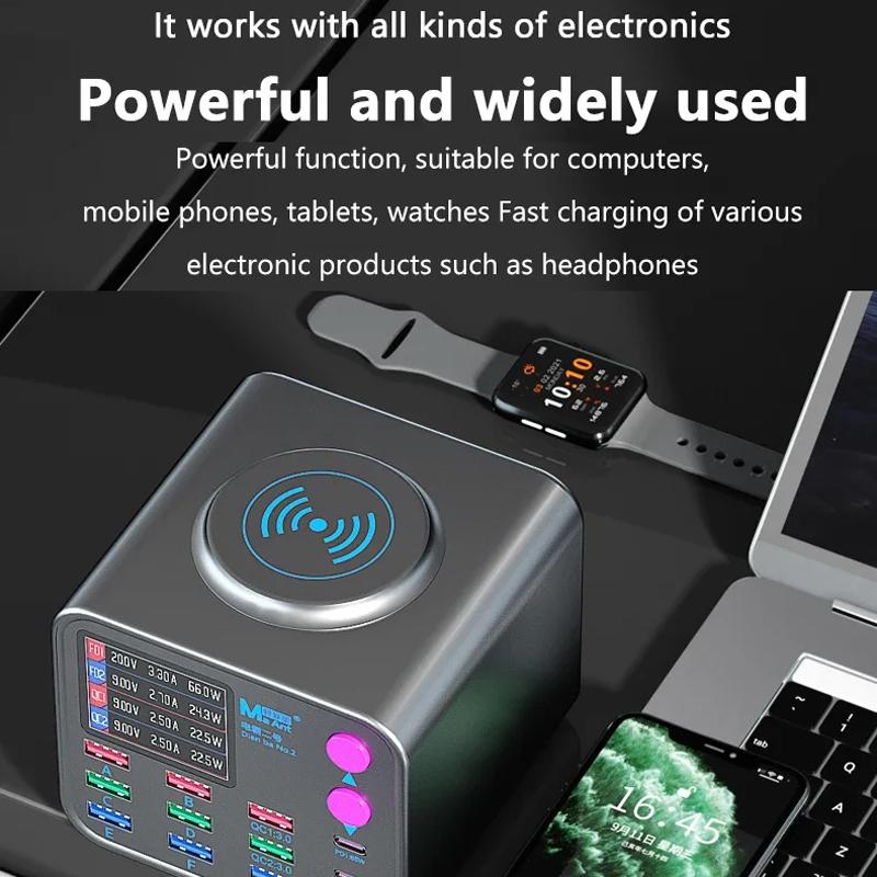 Caricabatterie Stazione MaAnt DianBa No.2 QI, 300W, 3A, 3 x USB-C - 9 x USB-A, Grigio