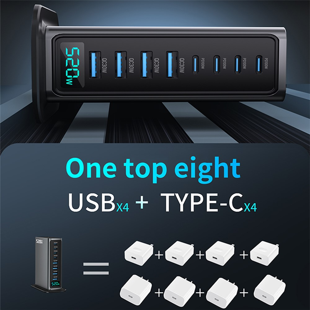 Chargeur Station OEM, 520W, 5A, 4 x USB-A - 4 x USB-C, Gris