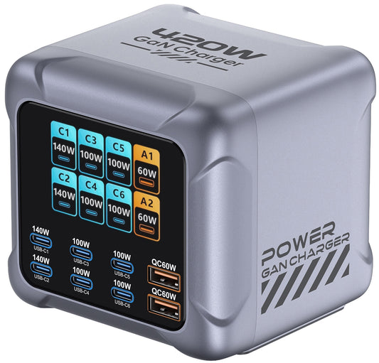 Chargeur Station OEM BK-126D, 140W, 5A, 2 x USB-A - 6 x USB-C, Gris