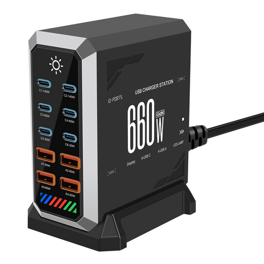 Chargeur Station OEM HW18, 660W, 5A, 4 x USB-A - 6 x USB-C, Noir