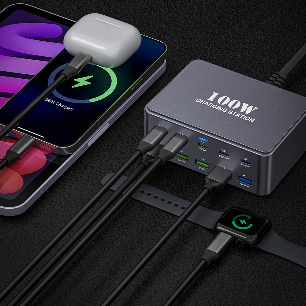 OEM Ladestation HW33 Ladegerät, 100W, 3A, 5 x USB-A - 5 x USB-C, Grau