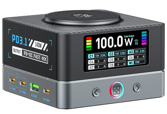 Caricatore Stazione OEM WLX-R8A QI, 140W, 5A, 2 x USB-A - 6 x USB-C, Grigio