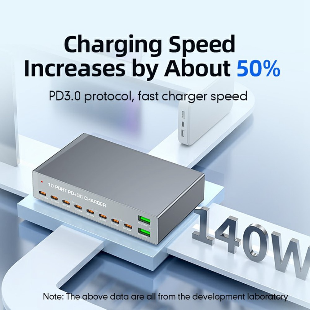 Chargeur Station OEM WLX-X6Y, 140W, 5A, 2 x USB-A - 8 x USB-C, Argent