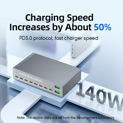 Chargeur Station OEM WLX-X6Y, 140W, 5A, 2 x USB-A - 8 x USB-C, Argent