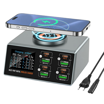 Caricatore Stazione OEM WLX-X9S QI, 140W, 3A, 4 x USB-A - 4 x USB-C, Argento