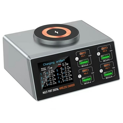 Caricatore Stazione OEM WLX-X9S QI, 140W, 3A, 4 x USB-A - 4 x USB-C, Argento
