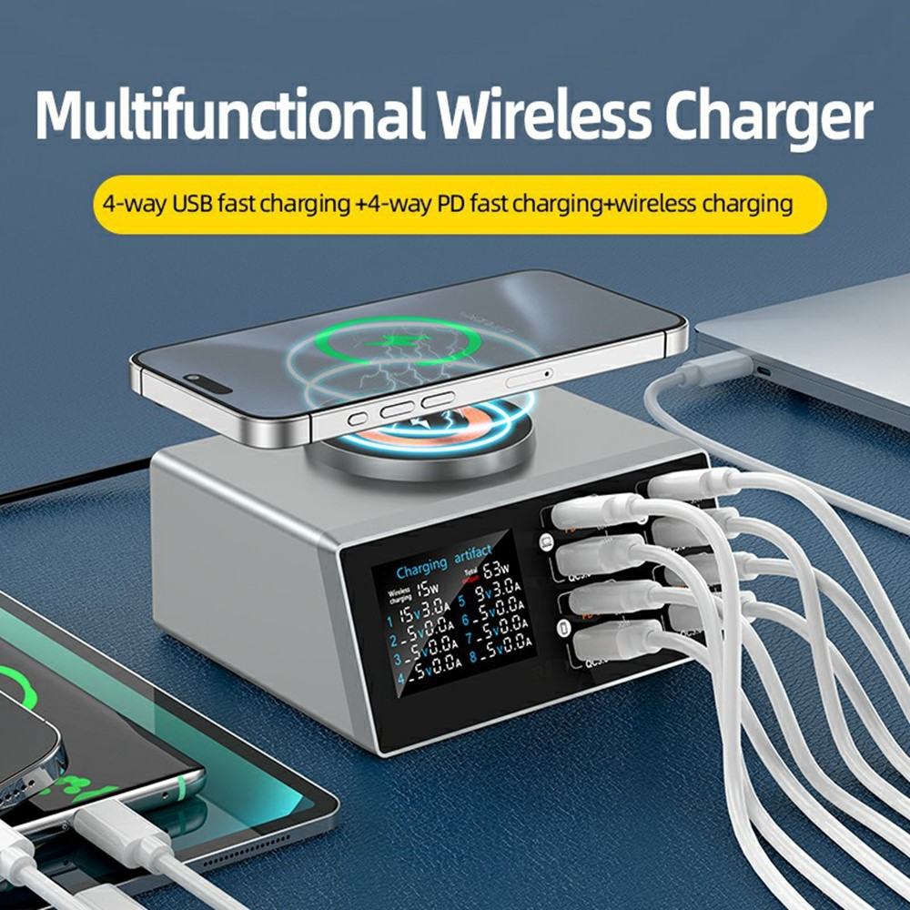 Caricatore Stazione OEM WLX-X9S QI, 140W, 3A, 4 x USB-A - 4 x USB-C, Argento