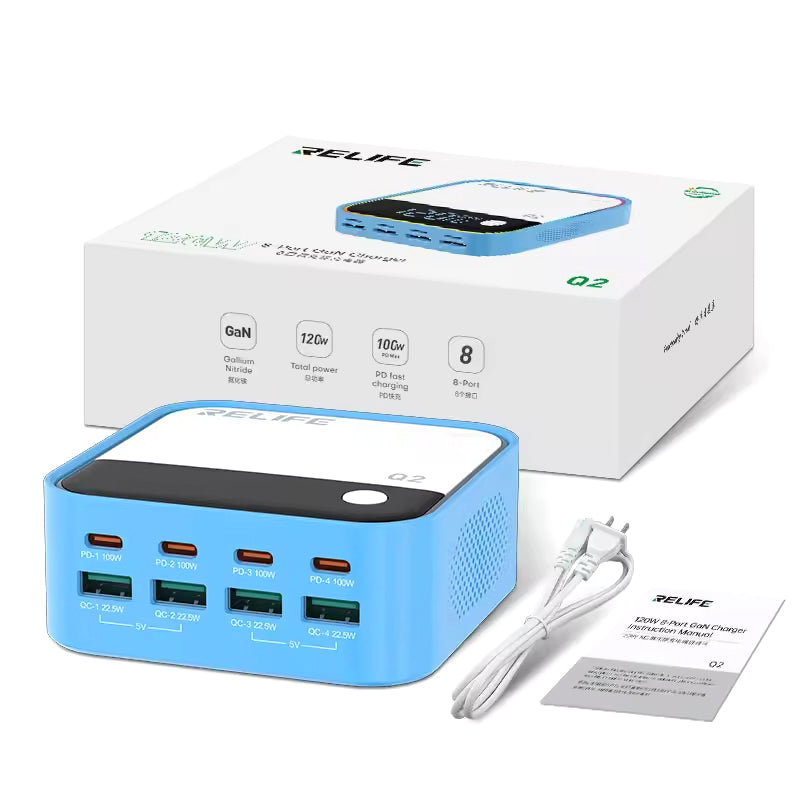 Chargeur Station Relife Q2, 120W, 5A, 4 x USB-A - 4 x USB-C, Bleu