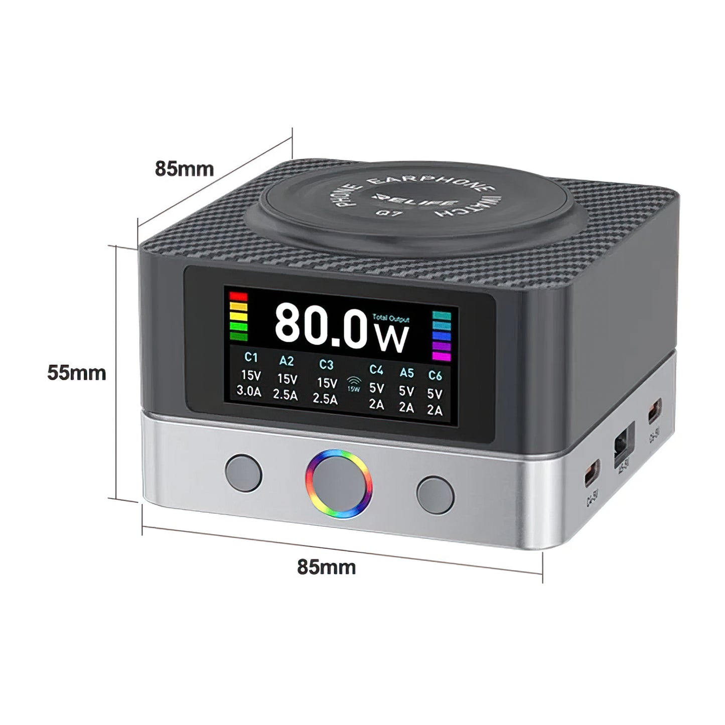 Chargeur Station Relife Q7 QI, 80W, 3.25A, 2 x USB-A - 4 x USB-C, Gris