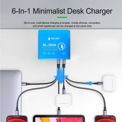 Ladestation Relife RL-304N, 87W, 3A, 2 x USB-C - 4 x USB-A, Blau