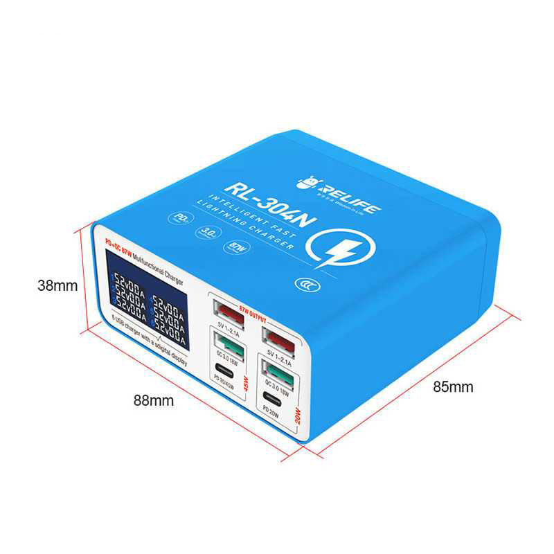 Ladestation Relife RL-304N, 87W, 3A, 2 x USB-C - 4 x USB-A, Blau