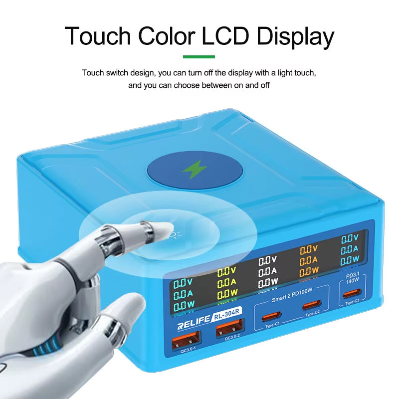Caricabatterie Stazione Relife RL-304R QI, 260W, 3A, 2 x USB-A - 3 x USB-C, Blu