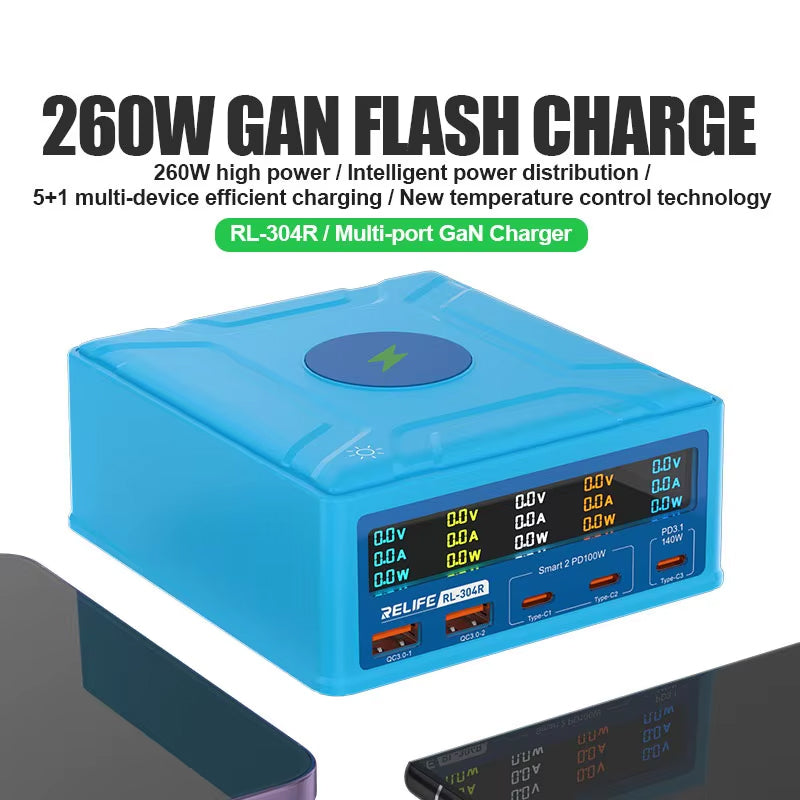 Caricabatterie Stazione Relife RL-304R QI, 260W, 3A, 2 x USB-A - 3 x USB-C, Blu