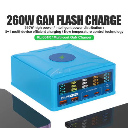 Caricabatterie Stazione Relife RL-304R QI, 260W, 3A, 2 x USB-A - 3 x USB-C, Blu
