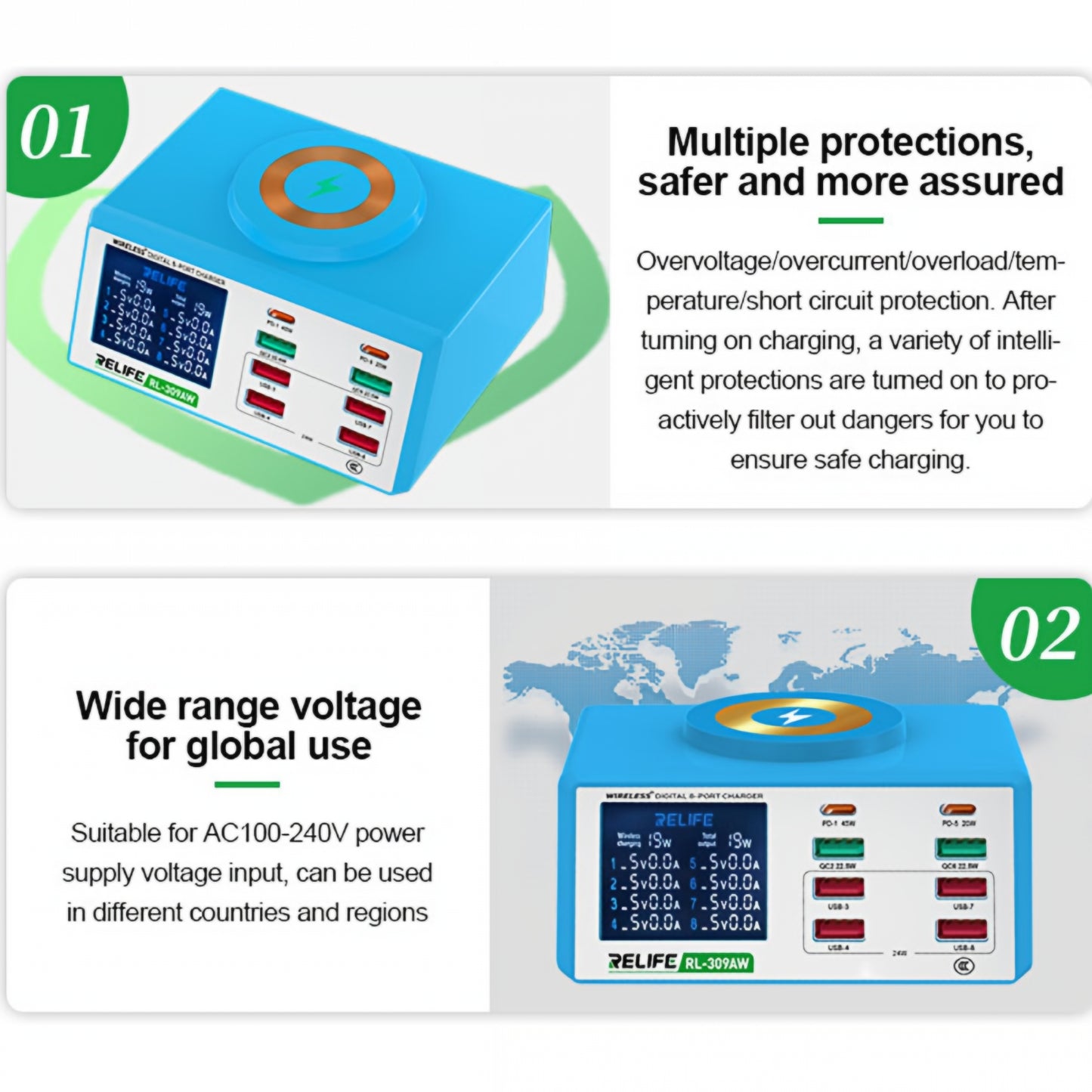 Ladestation Relife RL-309AW, 100W, 5A, 2 x USB-C - 6 x USB-A, Blau