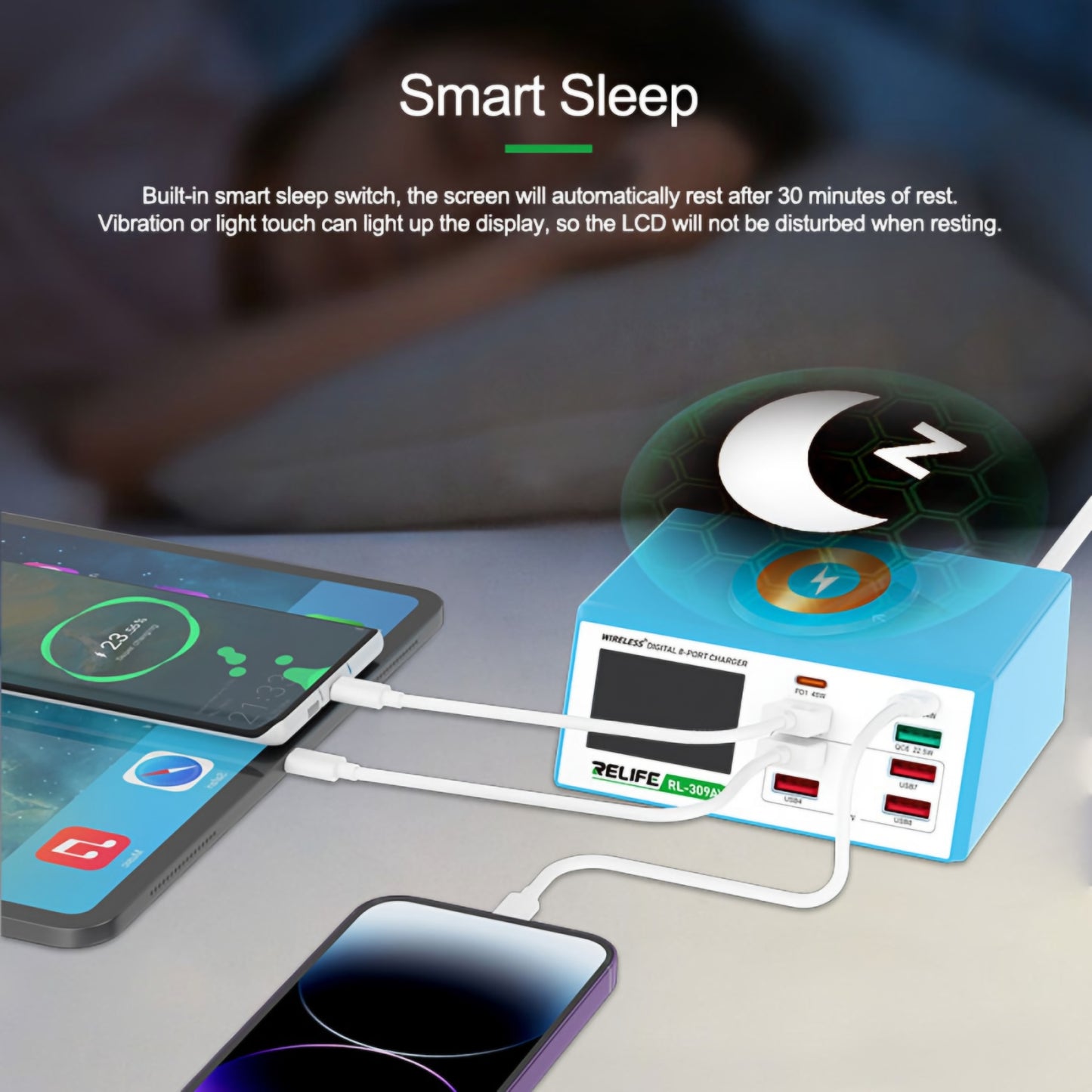 Ladestation Relife RL-309AW, 100W, 5A, 2 x USB-C - 6 x USB-A, Blau