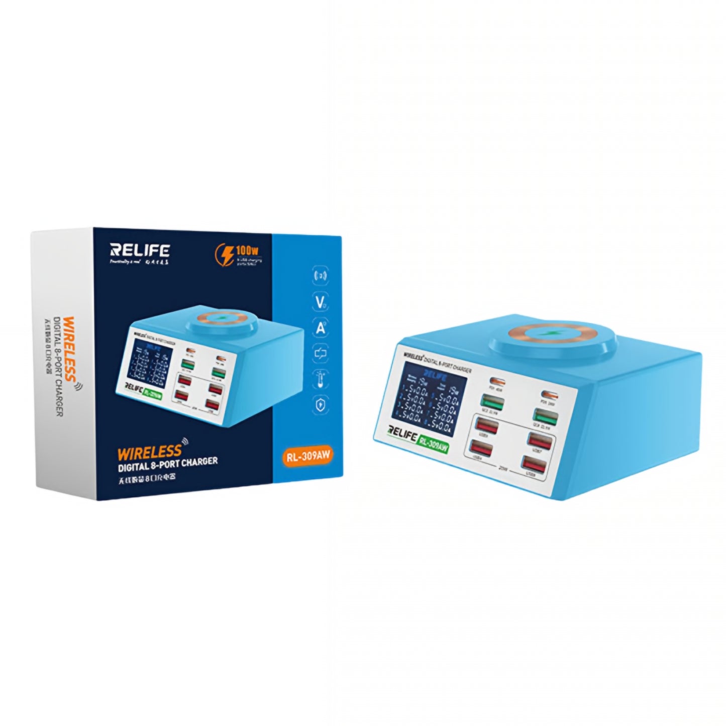 Ladestation Relife RL-309AW, 100W, 5A, 2 x USB-C - 6 x USB-A, Blau