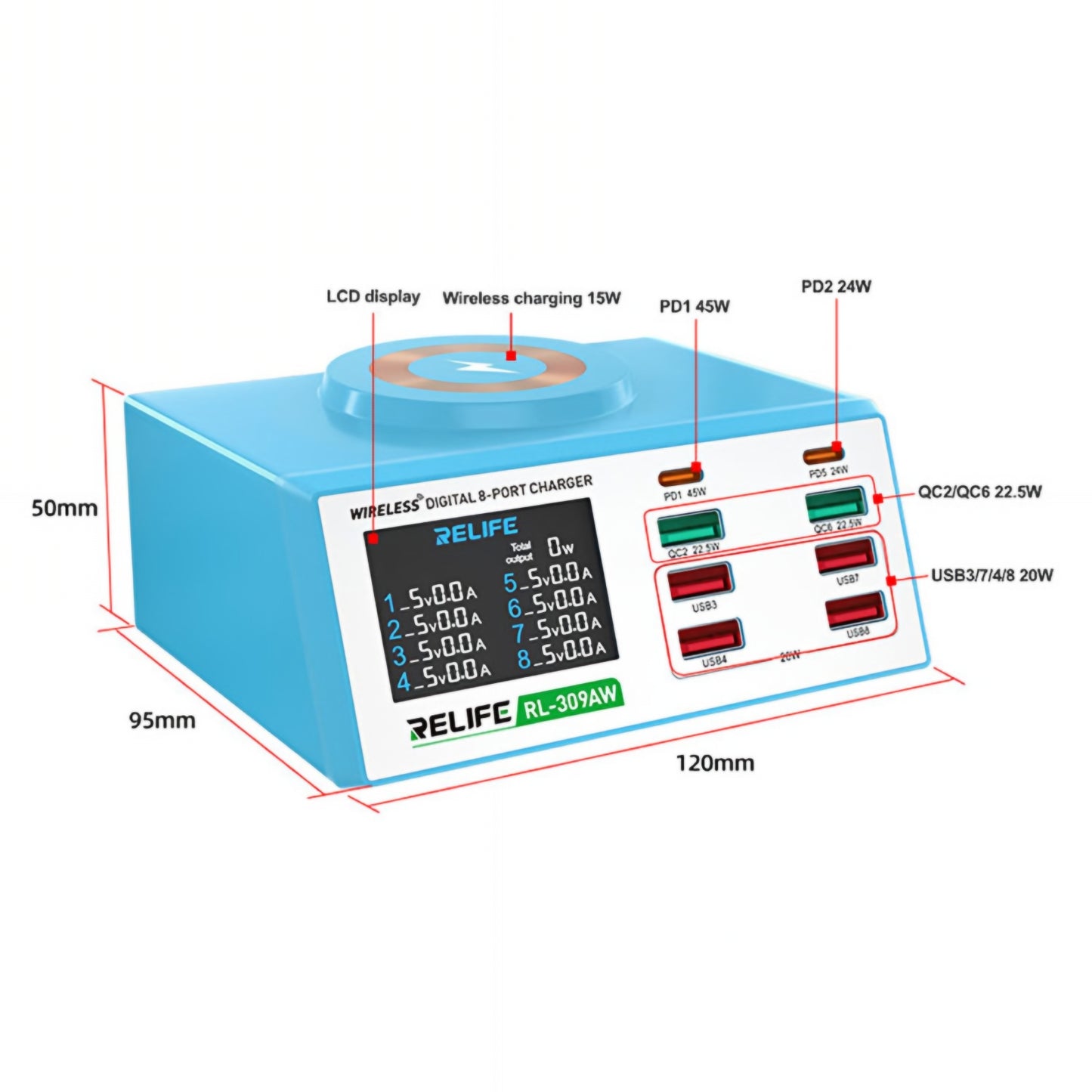 Ladestation Relife RL-309AW, 100W, 5A, 2 x USB-C - 6 x USB-A, Blau