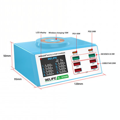 Ladestation Relife RL-309AW, 100W, 5A, 2 x USB-C - 6 x USB-A, Blau