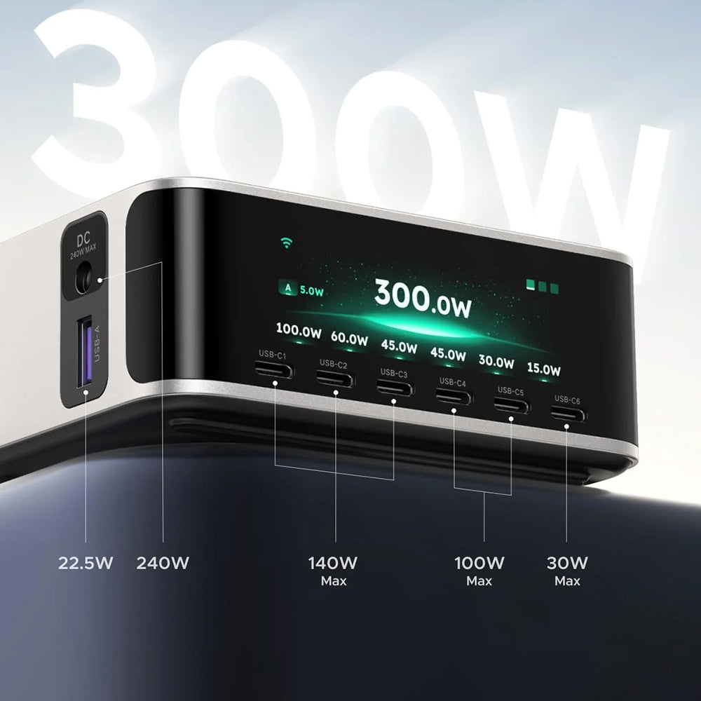 Chargeur station UGREEN Nexode Pro X783 (75753B) avec écran, 300 W, 5 A, 1 x USB-A - 6 x USB-C - 1 x DC, gris