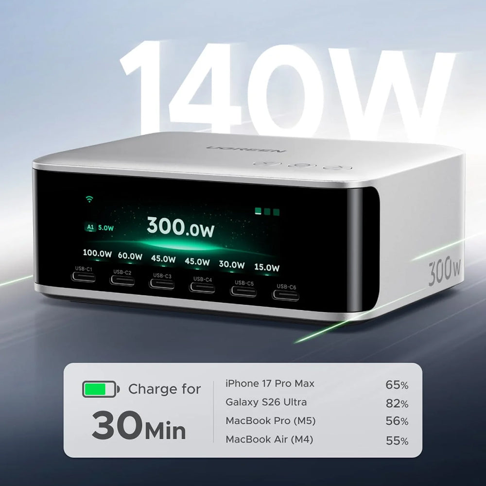 Chargeur station UGREEN Nexode Pro X783 (75753B) avec écran, 300 W, 5 A, 1 x USB-A - 6 x USB-C - 1 x DC, gris