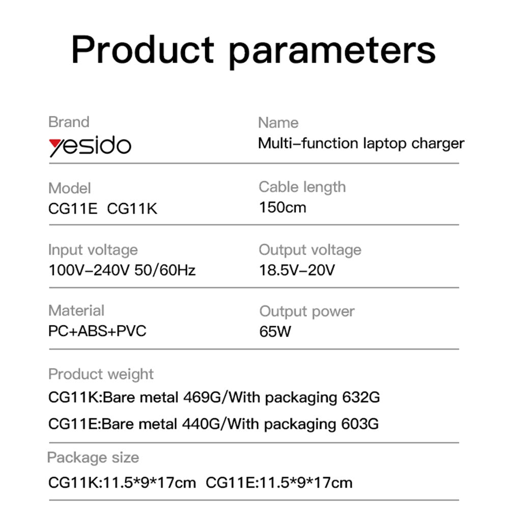 Chargeur Yesido CG11E, 65W, Universel, Noir