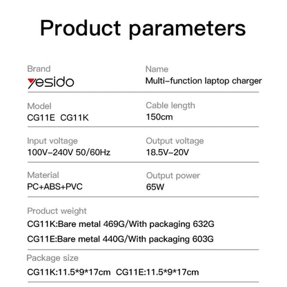 Chargeur Yesido CG11E, 65W, Universel, Noir