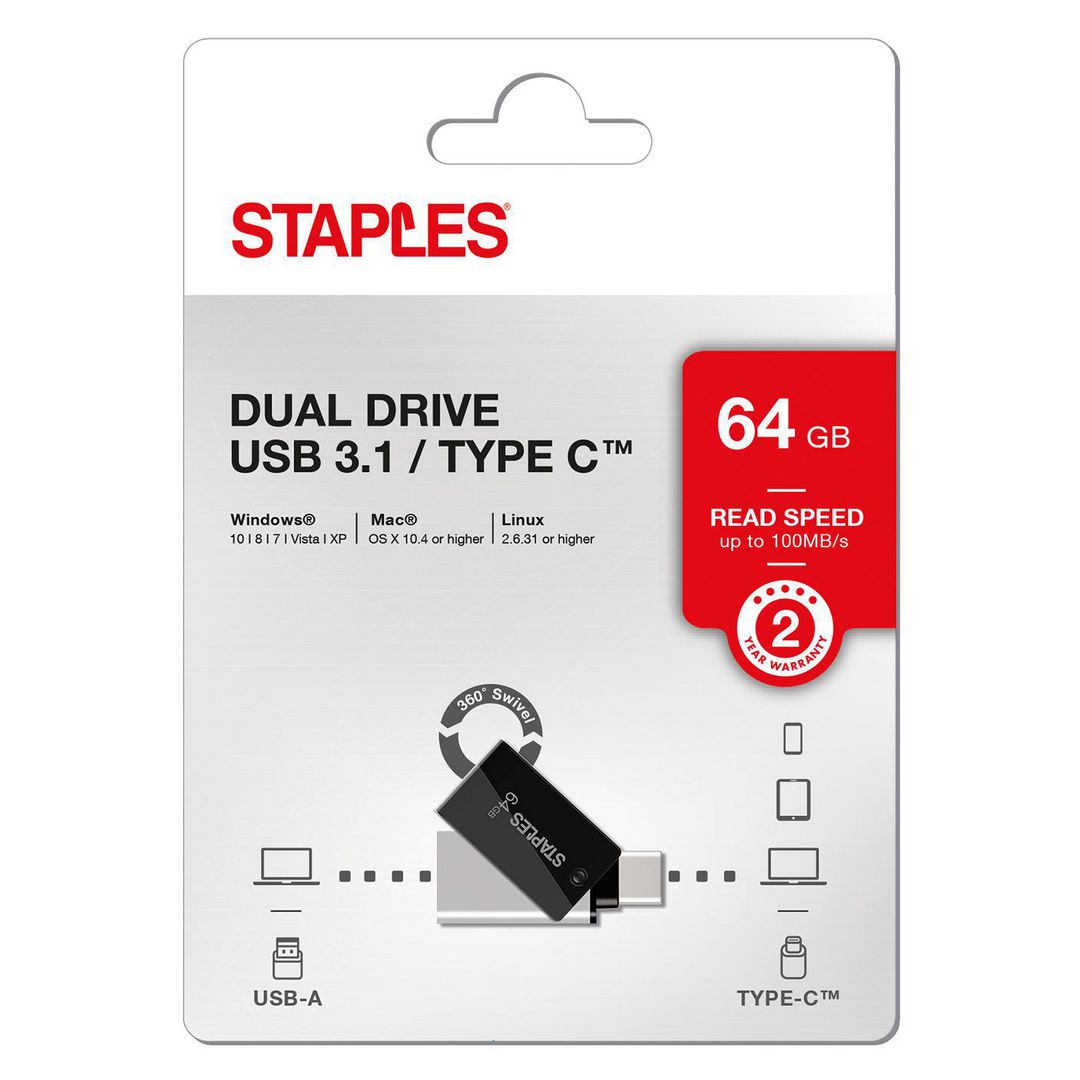 Mémoire Externe USB-A 3.1 / USB-C Staples K23, 64Gb EKMMD64GK233CST