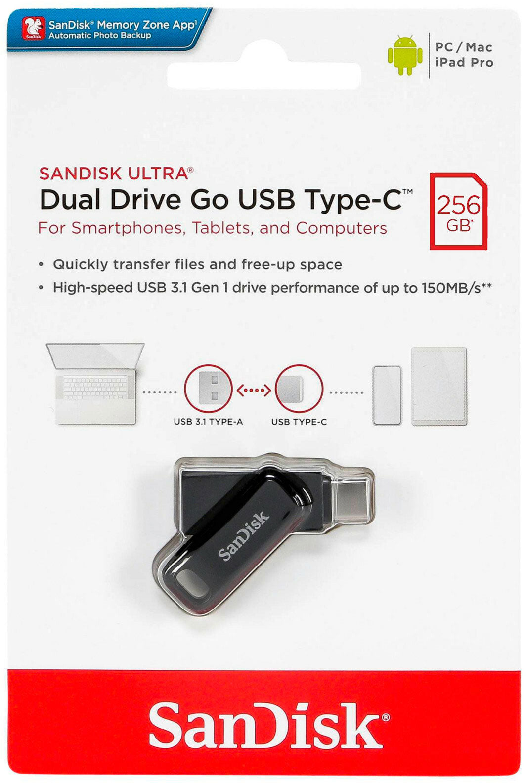Externer Speicher USB-A 3.2 / USB-C SanDisk Ultra Dual Go, 256Gb SDDDC3-256G-G46