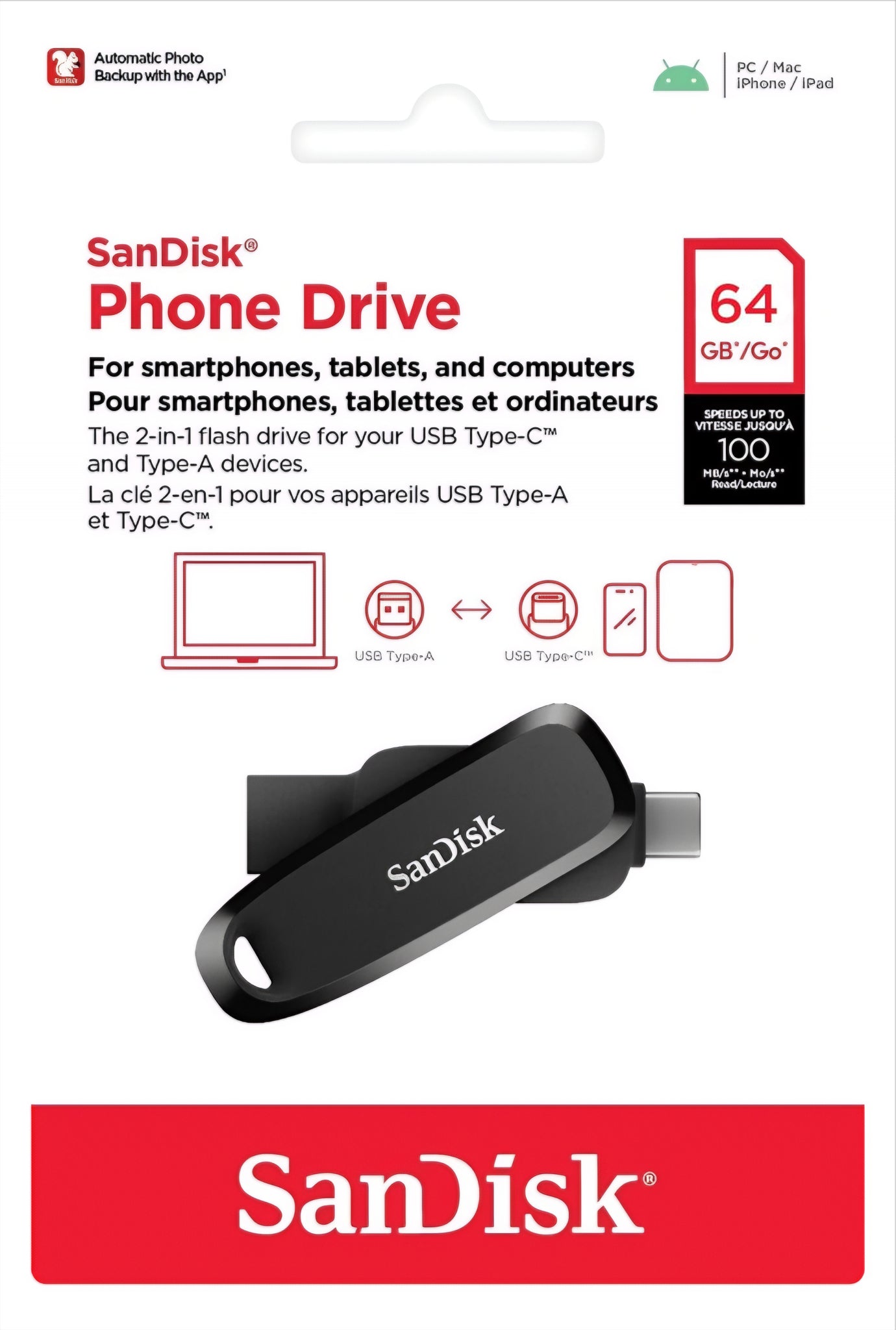 Memoria Esterna USB-A 3.2 / USB-C SanDisk Phone Drive, 64Gb SDDDC6-064G-G46