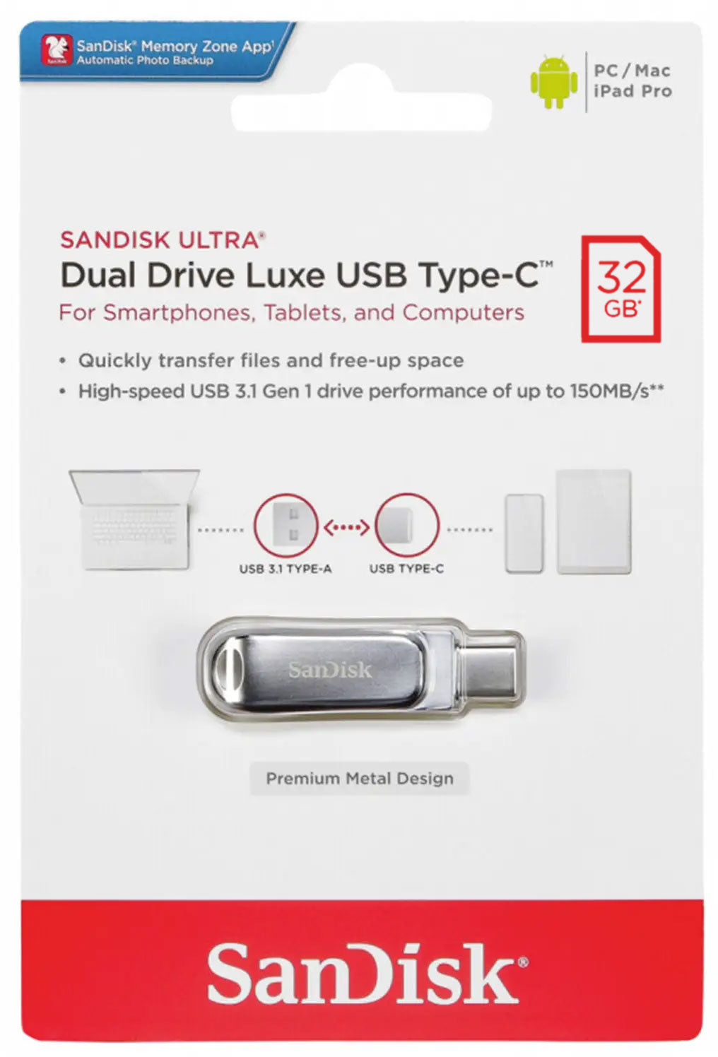Memoria Esterna USB-A 3.2 / USB-C SanDisk Ultra Luxe Dual Drive, 32Gb SDDDC4-032G-G46