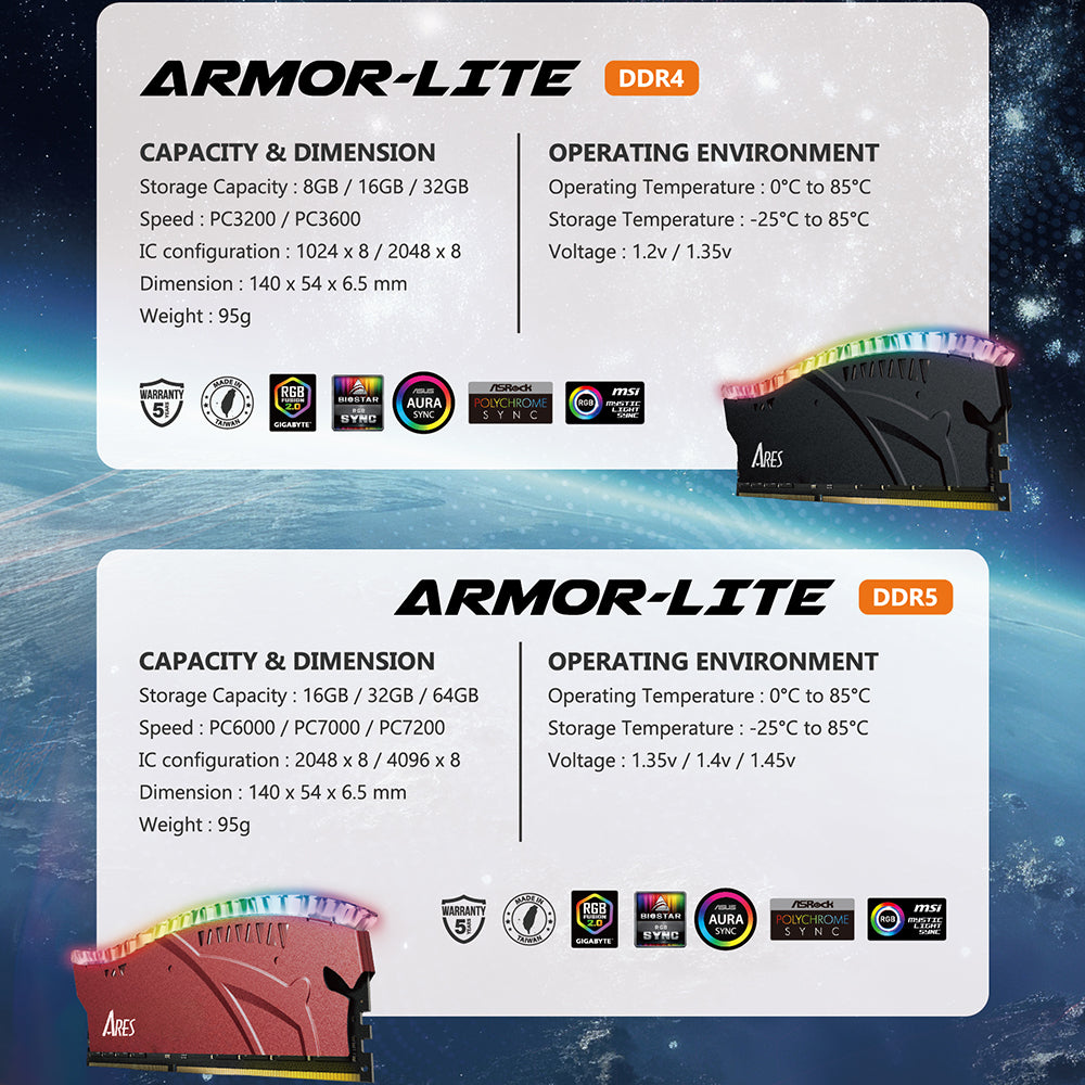 Mémoire RAM Dato Ares Armor Lite, DDR5, RGB, 16GB, 7200Mhz, Noire ARB16G5K72