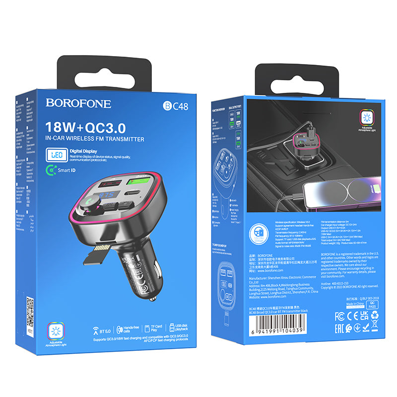 Modulateur FM Bluetooth Borofone BC48, 2 x USB-A - 1 x USB-C