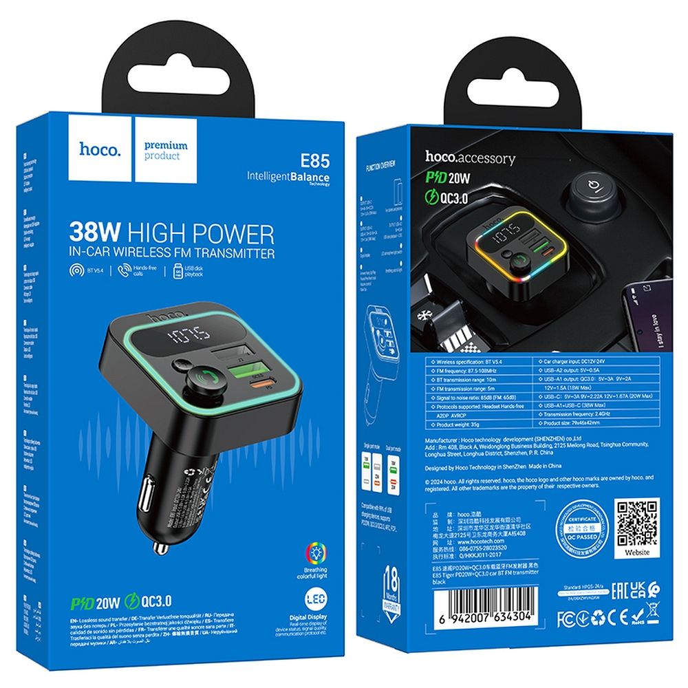 Modulateur FM Bluetooth HOCO E85, 2 x USB-A - 1 x USB-C