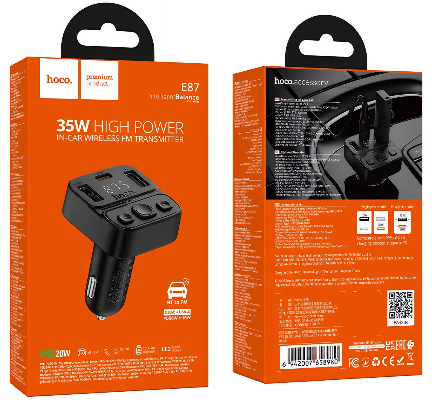 Modulateur FM Bluetooth HOCO E87, 2 x USB-A - 1 x USB-C