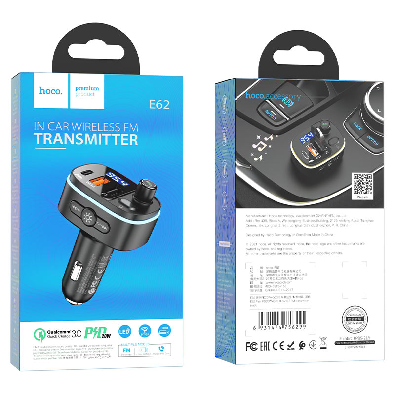 Modulatore FM Bluetooth HOCO E62 Fast, 2 x USB-A - 1 x USB-C